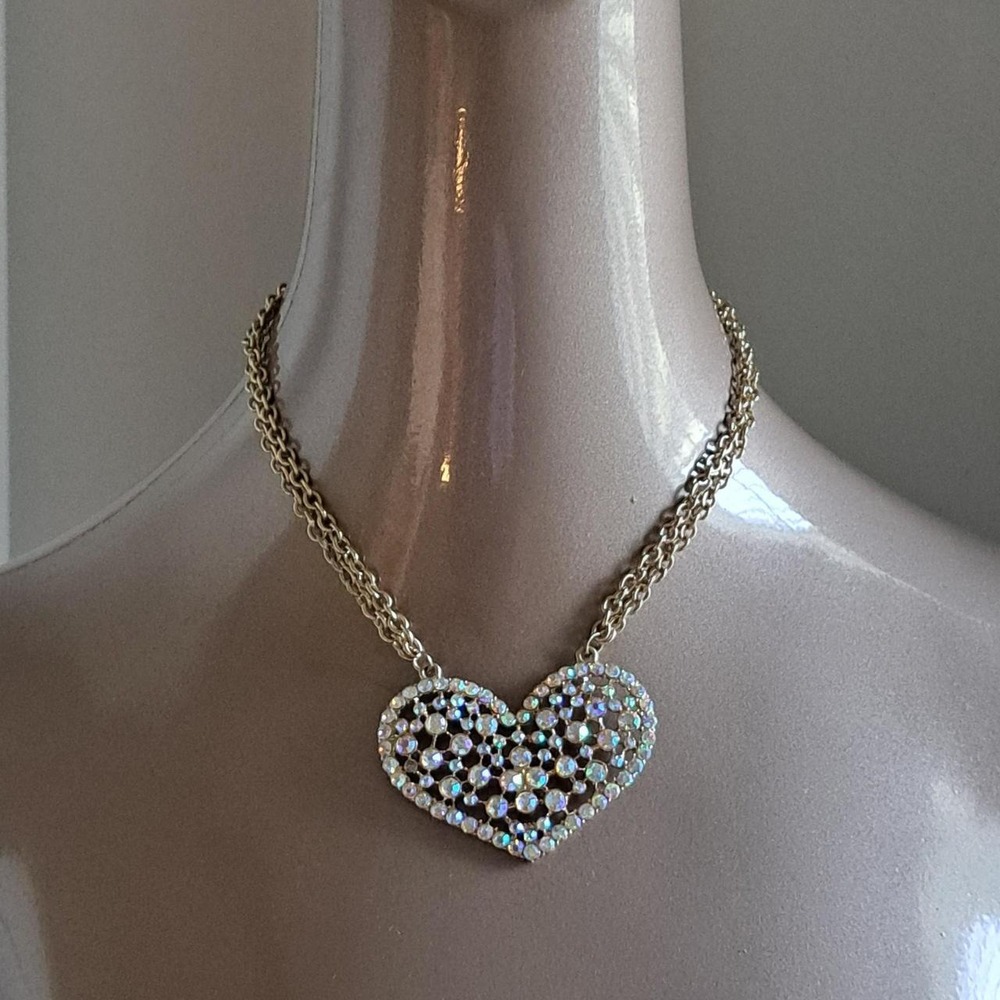 Claire's Gold Tone AB Rhinestone Heart Double Chain Necklace Y2K Style